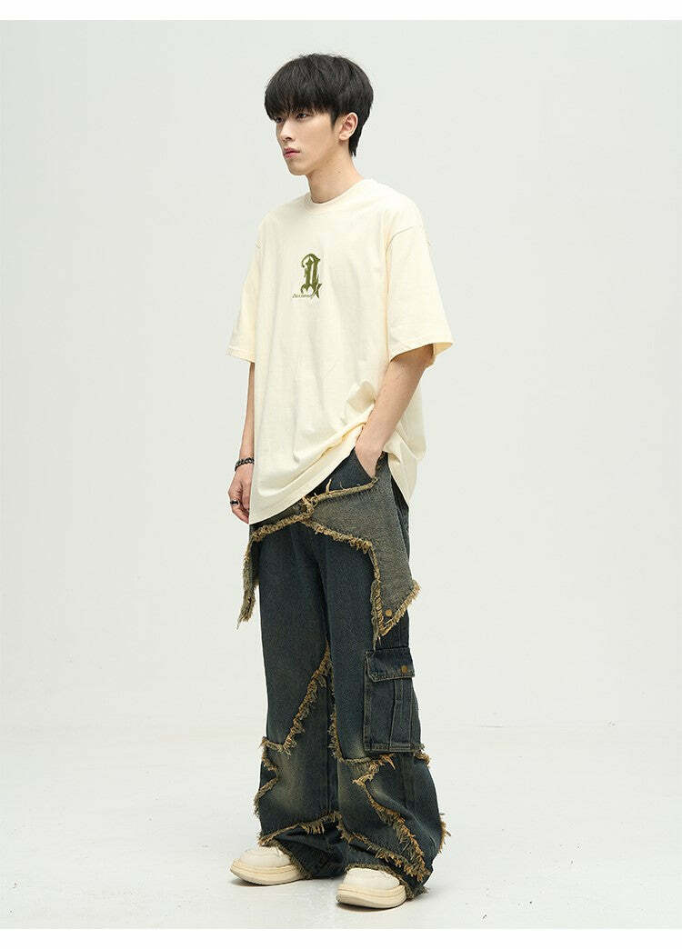 Y2K Grunge Star Stitched Jeans - Retro 90s Fashion, Summer Y2K Outfits, Gothic Y2K Style