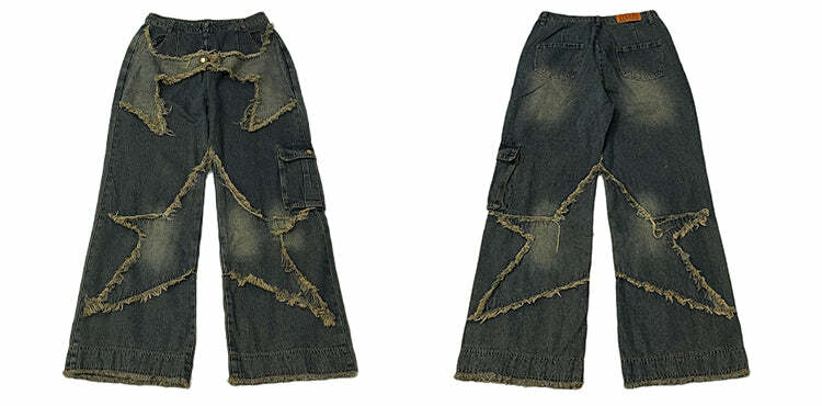 Y2K Grunge Star Stitched Jeans - Retro 90s Fashion, Summer Y2K Outfits, Gothic Y2K Style