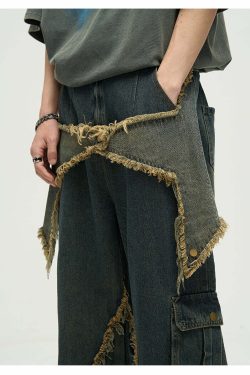 Y2K Grunge Star Stitched Jeans - Retro 90s Fashion, Summer Y2K Outfits, Gothic Y2K Style