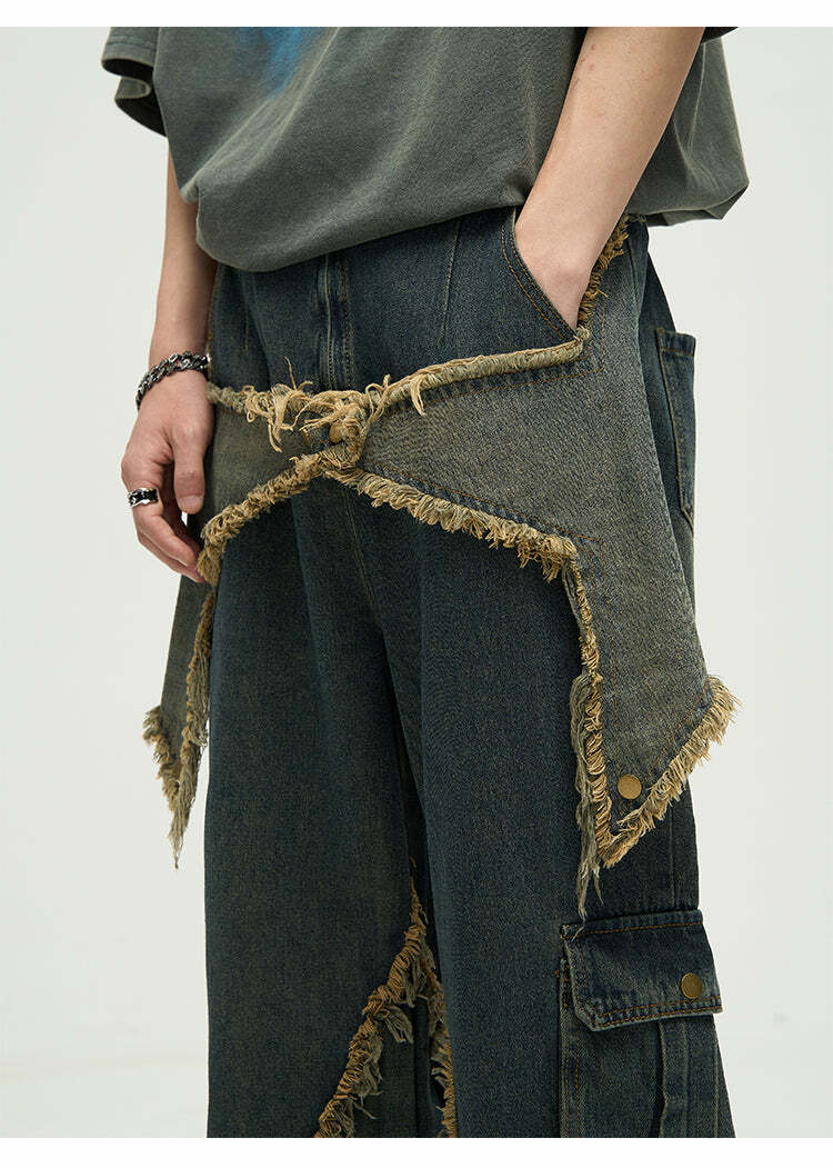 Y2K Grunge Star Stitched Jeans - Retro 90s Fashion, Summer Y2K Outfits, Gothic Y2K Style