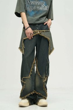 Y2K Grunge Star Stitched Jeans - Retro 90s Fashion, Summer Y2K Outfits, Gothic Y2K Style