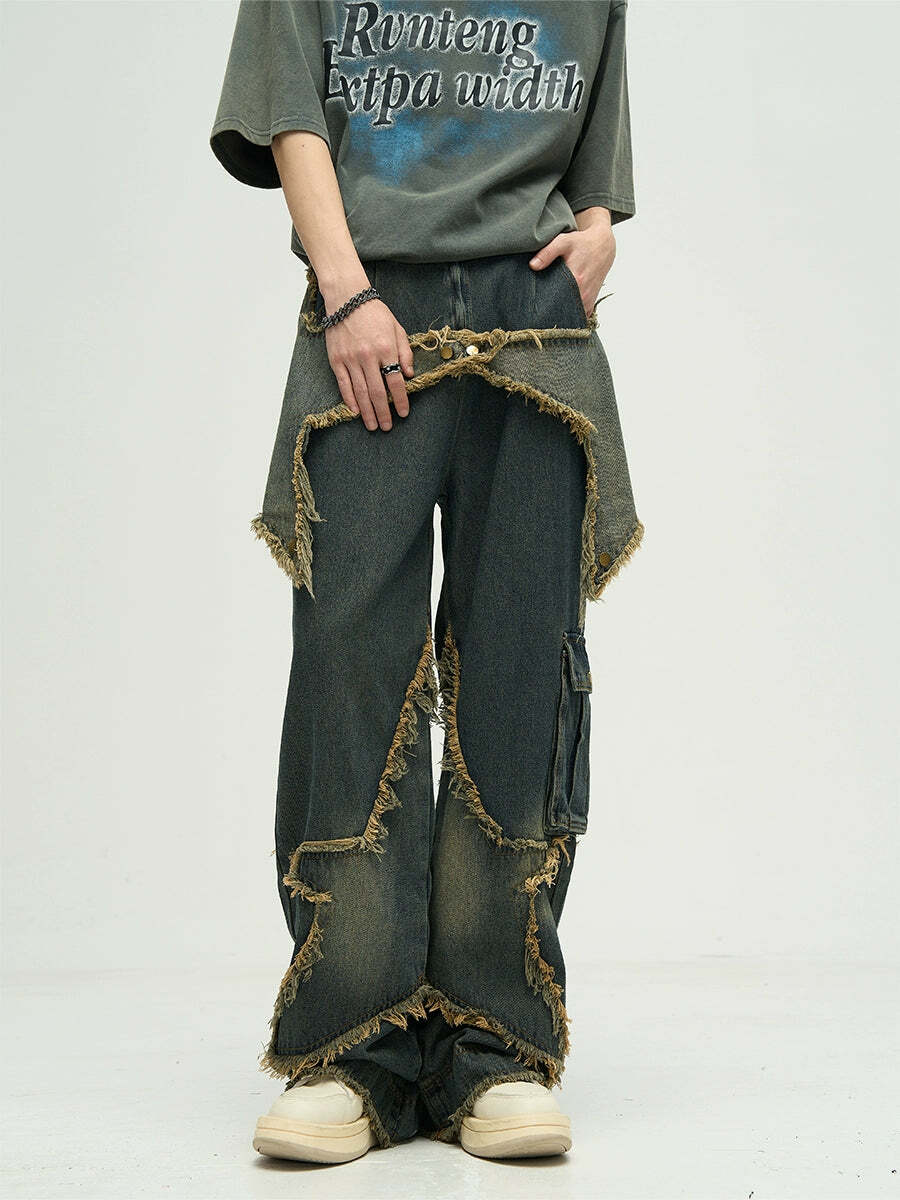 Y2K Grunge Star Stitched Jeans - Retro 90s Fashion, Summer Y2K Outfits, Gothic Y2K Style