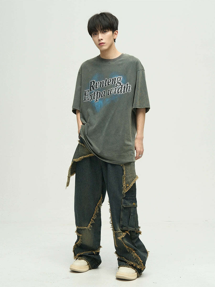 Y2K Grunge Star Stitched Jeans - Retro 90s Fashion, Summer Y2K Outfits, Gothic Y2K Style