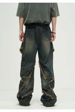 Y2K Grunge Star Stitched Jeans - Retro 90s Fashion, Summer Y2K Outfits, Gothic Y2K Style
