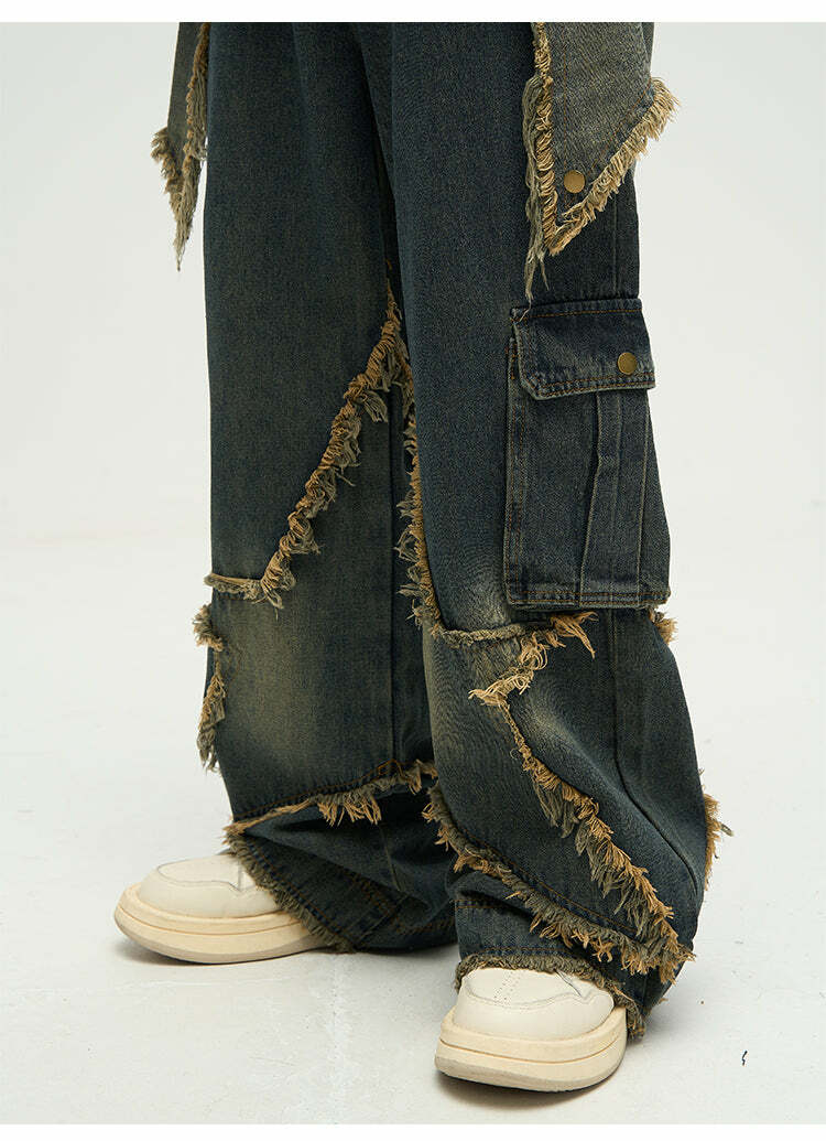 Y2K Grunge Star Stitched Jeans - Retro 90s Fashion, Summer Y2K Outfits, Gothic Y2K Style