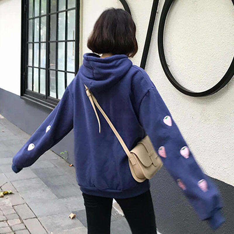 Y2K Grunge Strawberry Embroidery Hoodie Sweatshirt - Retro 90s Summer Fashion Outfit