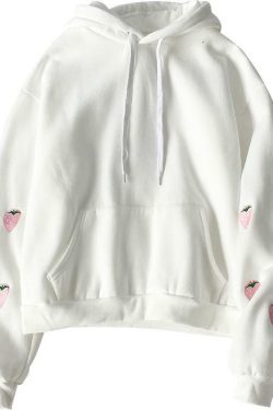 Y2K Grunge Strawberry Embroidery Hoodie Sweatshirt - Retro 90s Summer Fashion Outfit