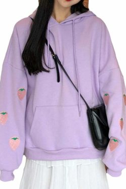 Y2K Grunge Strawberry Embroidery Hoodie Sweatshirt - Retro 90s Summer Fashion Outfit