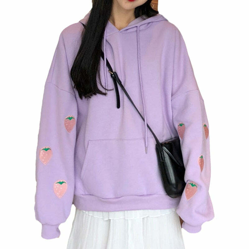 Y2K Grunge Strawberry Embroidery Hoodie Sweatshirt - Retro 90s Summer Fashion Outfit