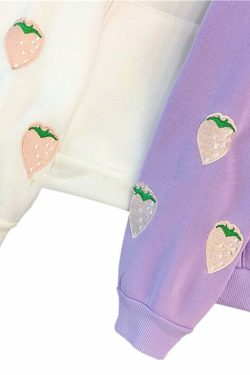 Y2K Grunge Strawberry Embroidery Hoodie Sweatshirt - Retro 90s Summer Fashion Outfit