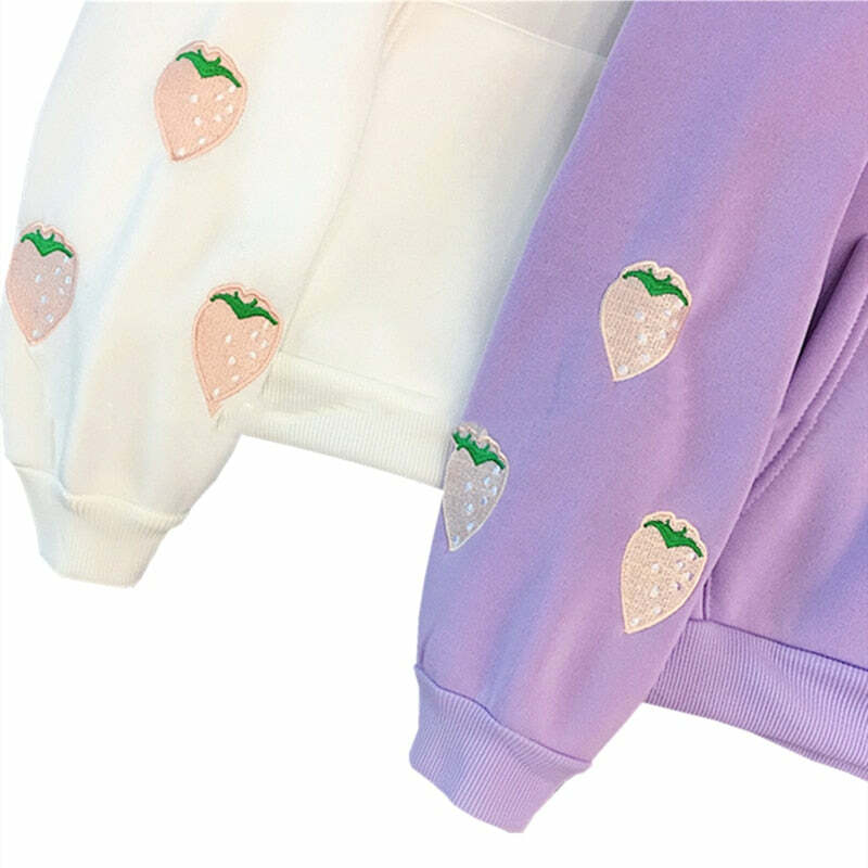 Y2K Grunge Strawberry Embroidery Hoodie Sweatshirt - Retro 90s Summer Fashion Outfit