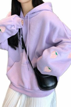 Y2K Grunge Strawberry Embroidery Hoodie Sweatshirt - Retro 90s Summer Fashion Outfit