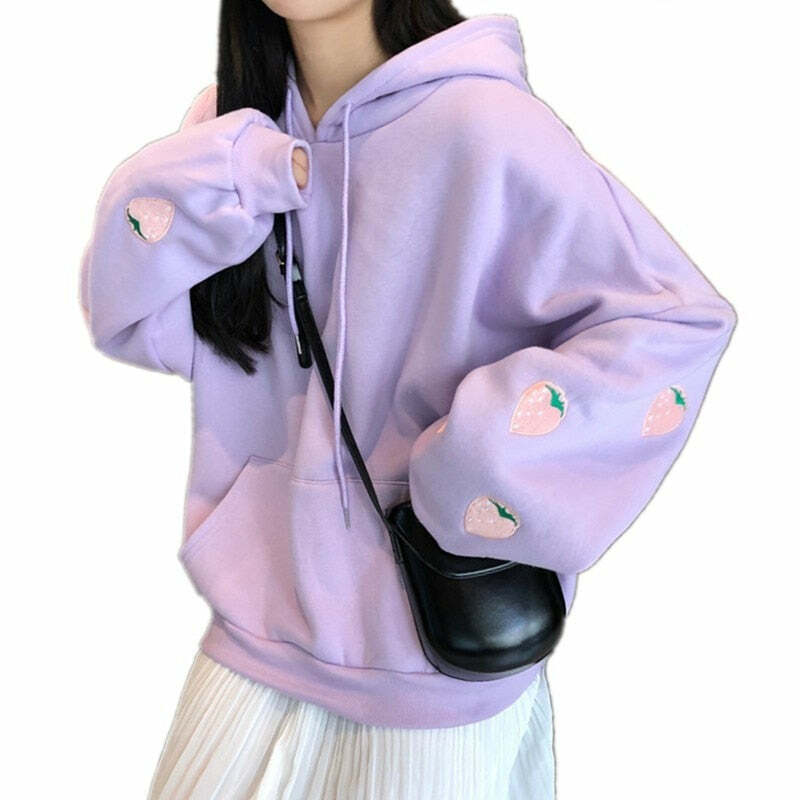 Y2K Grunge Strawberry Embroidery Hoodie Sweatshirt - Retro 90s Summer Fashion Outfit