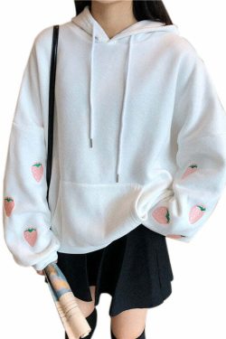Y2K Grunge Strawberry Embroidery Hoodie Sweatshirt - Retro 90s Summer Fashion Outfit