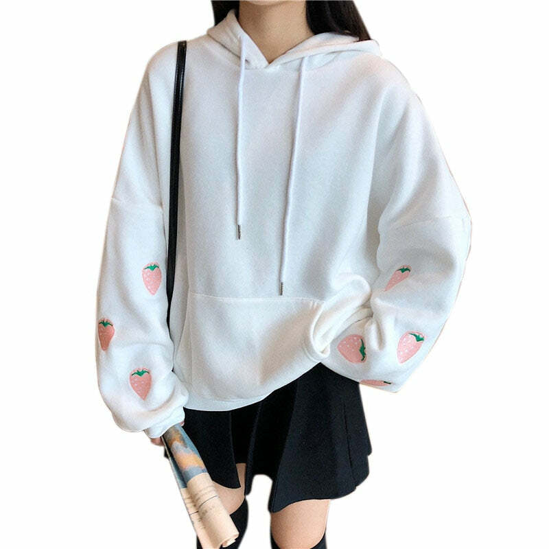 Y2K Grunge Strawberry Embroidery Hoodie Sweatshirt - Retro 90s Summer Fashion Outfit