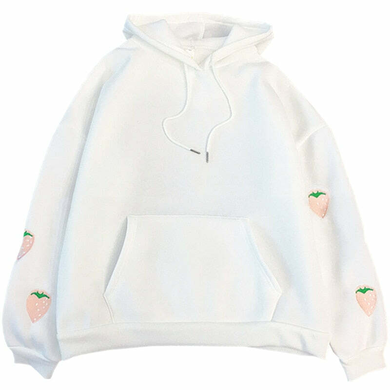 Y2K Grunge Strawberry Embroidery Hoodie Sweatshirt - Retro 90s Summer Fashion Outfit