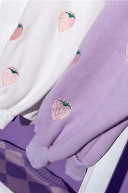 Y2K Grunge Strawberry Embroidery Hoodie Sweatshirt - Retro 90s Summer Fashion Outfit