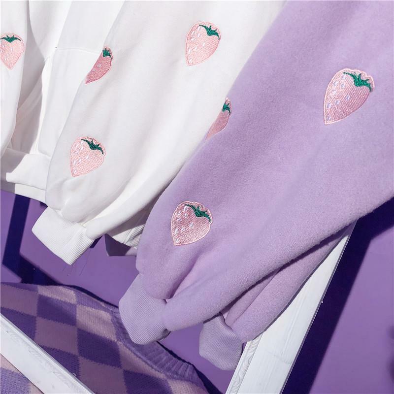 Y2K Grunge Strawberry Embroidery Hoodie Sweatshirt - Retro 90s Summer Fashion Outfit
