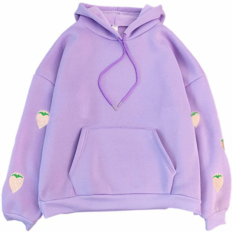 Y2K Grunge Strawberry Embroidery Hoodie Sweatshirt - Retro 90s Summer Fashion Outfit