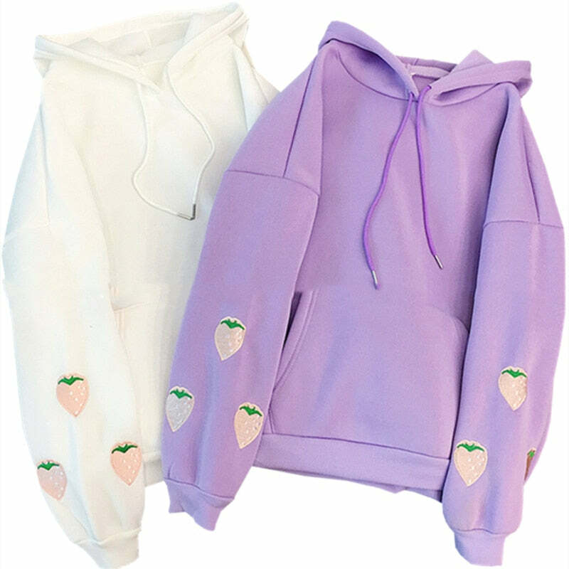 Y2K Grunge Strawberry Embroidery Hoodie Sweatshirt - Retro 90s Summer Fashion Outfit