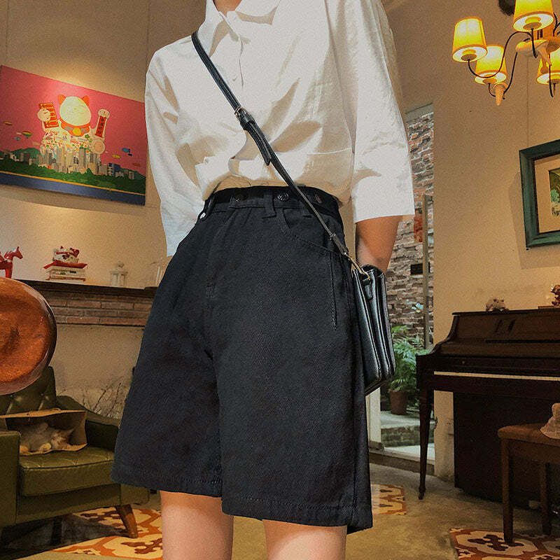 Y2K Grunge Street Style Loose Fit Knee Length Denim Shorts - 90s Retro Summer Fashion