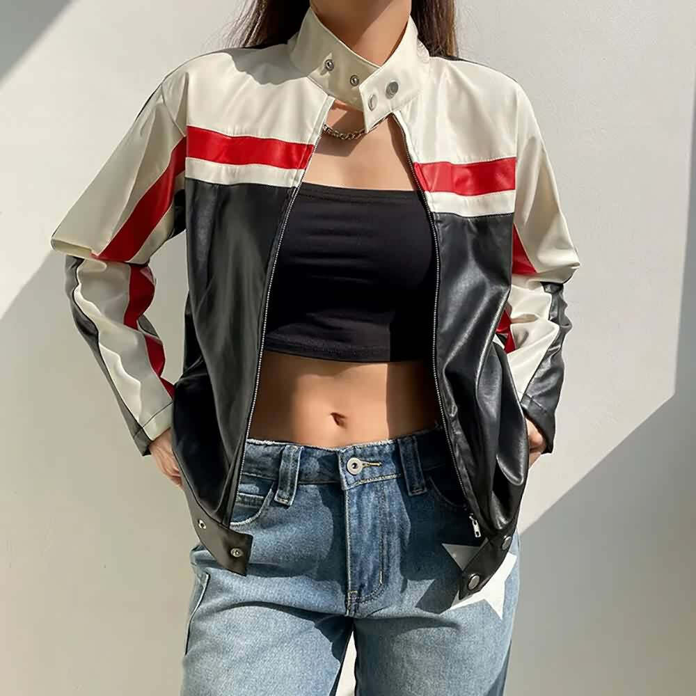 Y2K Grunge Stripe Zip Up Leather Jacket - Retro 90s Fashion, Summer Outfits, and Clubwear