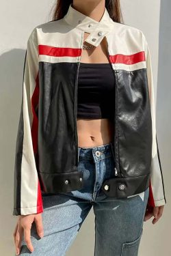 Y2K Grunge Stripe Zip Up Leather Jacket - Retro 90s Fashion, Summer Outfits, and Clubwear