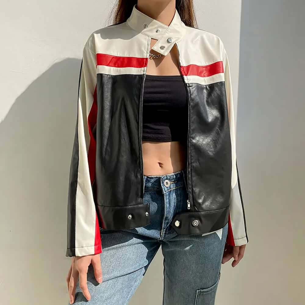 Y2K Grunge Stripe Zip Up Leather Jacket - Retro 90s Fashion, Summer Outfits, and Clubwear