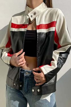 Y2K Grunge Stripe Zip Up Leather Jacket - Retro 90s Fashion, Summer Outfits, and Clubwear