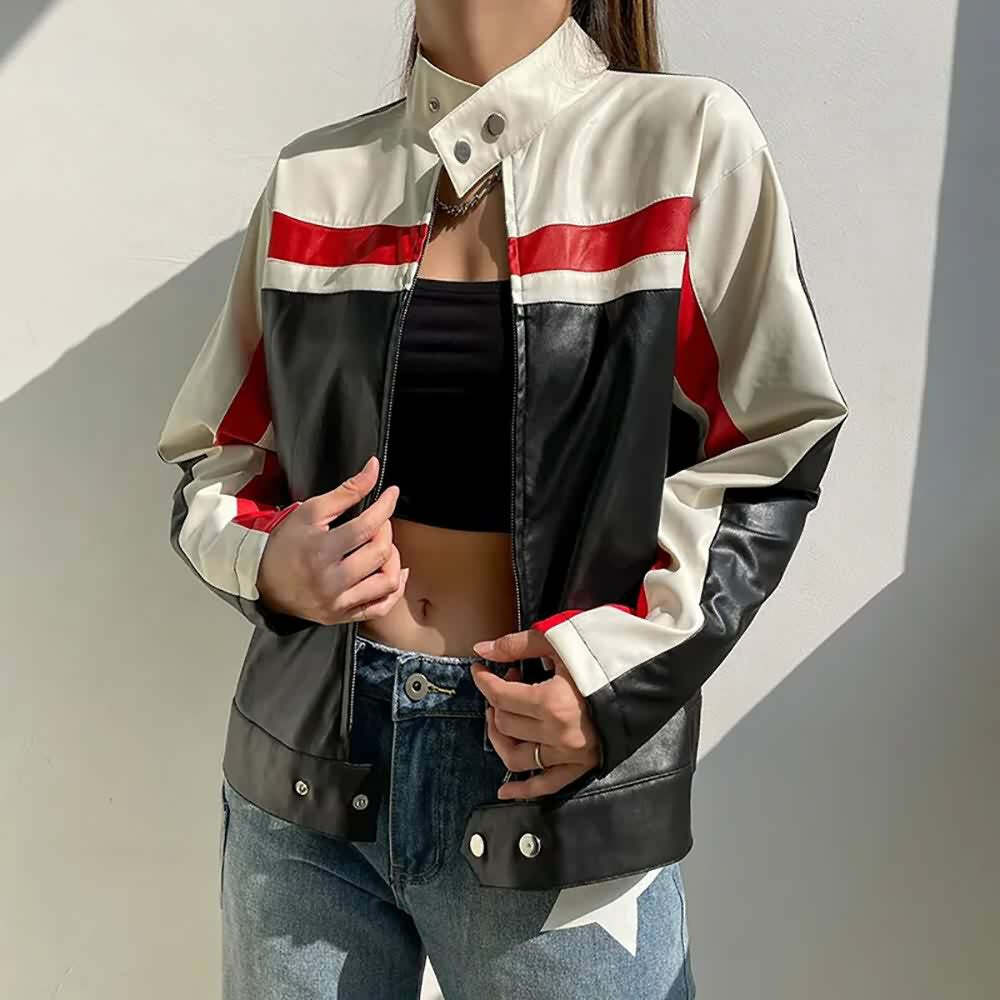 Y2K Grunge Stripe Zip Up Leather Jacket - Retro 90s Fashion, Summer Outfits, and Clubwear