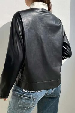Y2K Grunge Stripe Zip Up Leather Jacket - Retro 90s Fashion, Summer Outfits, and Clubwear