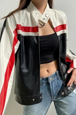 Y2K Grunge Stripe Zip Up Leather Jacket - Retro 90s Fashion, Summer Outfits, and Clubwear