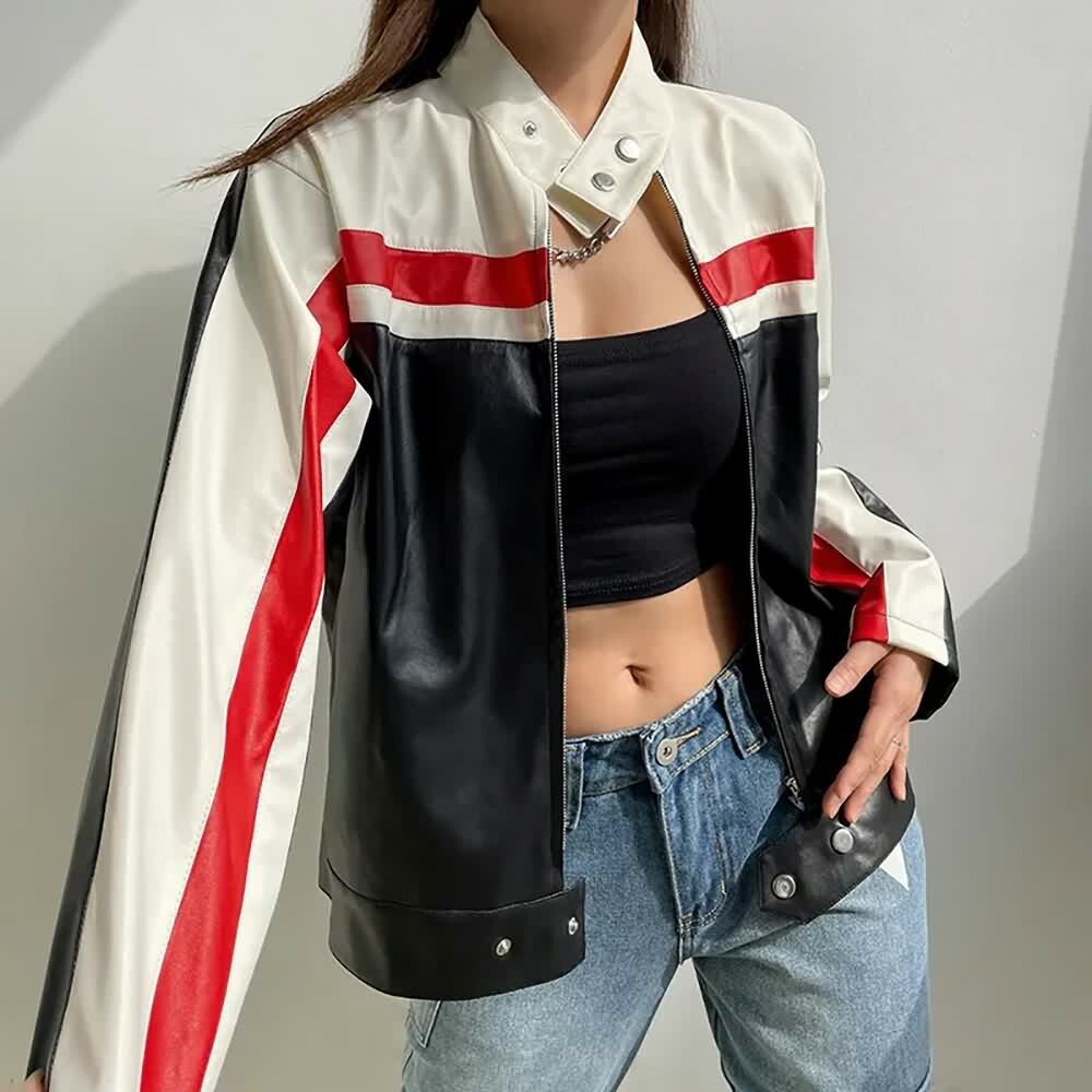 Y2K Grunge Stripe Zip Up Leather Jacket - Retro 90s Fashion, Summer Outfits, and Clubwear