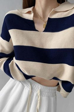 Y2K Grunge Striped Long-Sleeve Sweater Top - Retro 90s Fashion, Summer Y2K Outfits