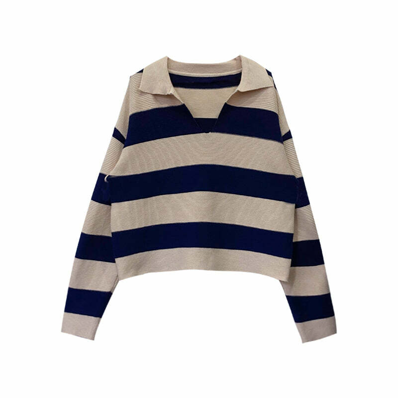Y2K Grunge Striped Long-Sleeve Sweater Top - Retro 90s Fashion, Summer Y2K Outfits