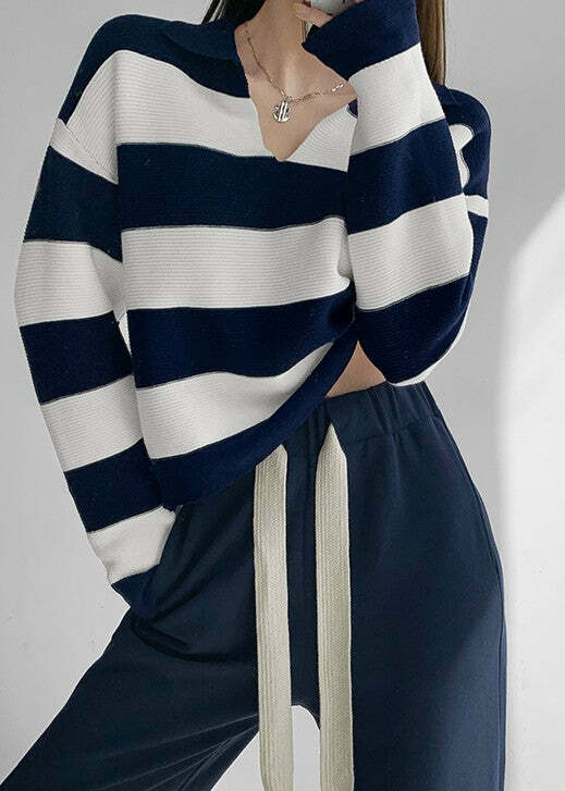 Y2K Grunge Striped Long-Sleeve Sweater Top - Retro 90s Fashion, Summer Y2K Outfits