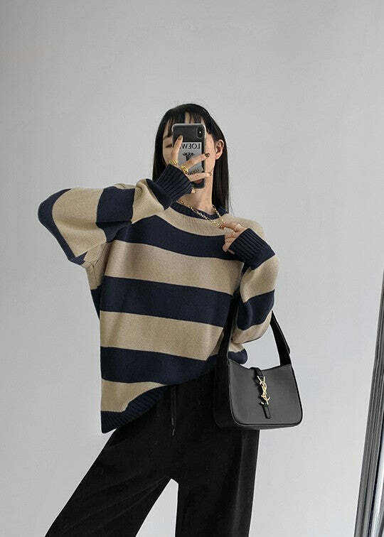 Y2K Grunge Striped Long-Sleeved Sweater - Retro 90s Fashion, Summer & Party Outfits