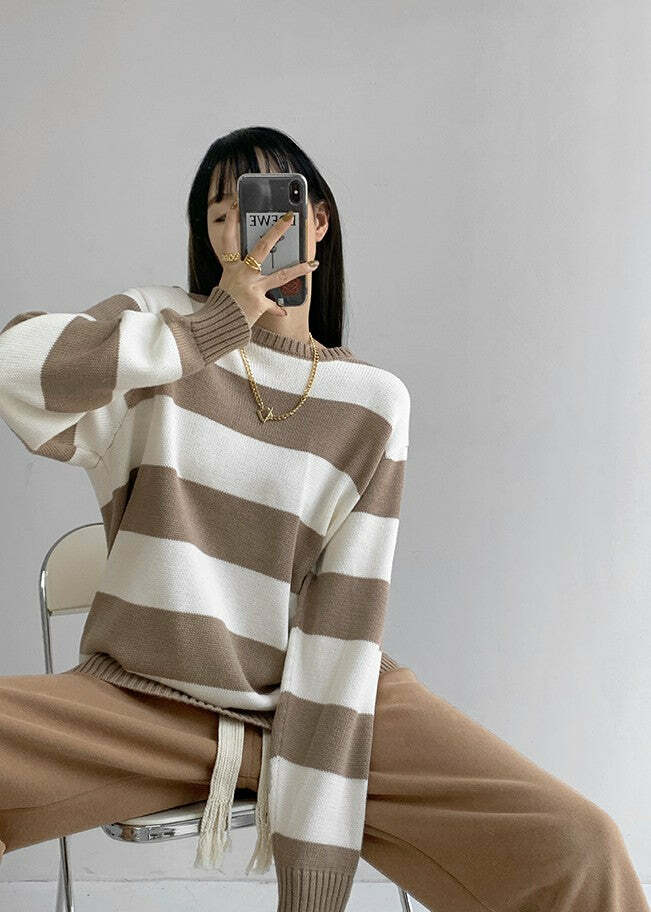 Y2K Grunge Striped Long-Sleeved Sweater - Retro 90s Fashion, Summer & Party Outfits