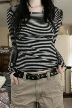 Y2K Grunge Striped Long Sleeve Top - 90s Fashion, Retro Style, Y2K Summer Outfits