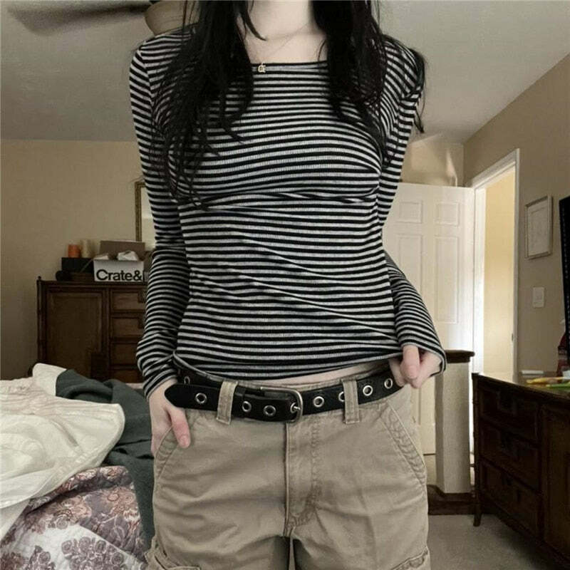 Y2K Grunge Striped Long Sleeve Top - 90s Fashion, Retro Style, Y2K Summer Outfits