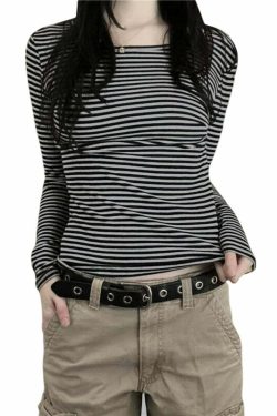 Y2K Grunge Striped Long Sleeve Top - 90s Fashion, Retro Style, Y2K Summer Outfits