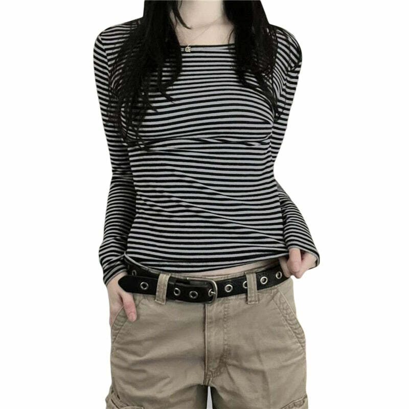 Y2K Grunge Striped Long Sleeve Top - 90s Fashion, Retro Style, Y2K Summer Outfits