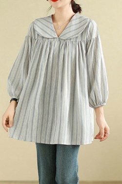 Y2K Grunge Striped Patchwork Peter Pan Collar Long Sleeve Top - Retro 90s Summer Fashion