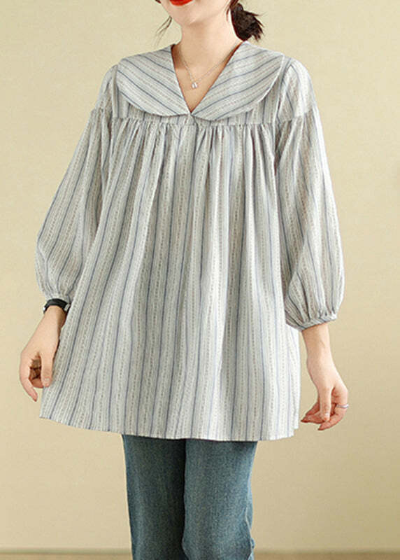 Y2K Grunge Striped Patchwork Peter Pan Collar Long Sleeve Top - Retro 90s Summer Fashion