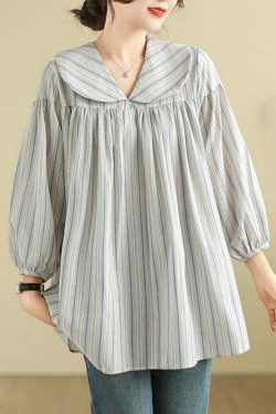 Y2K Grunge Striped Patchwork Peter Pan Collar Long Sleeve Top - Retro 90s Summer Fashion
