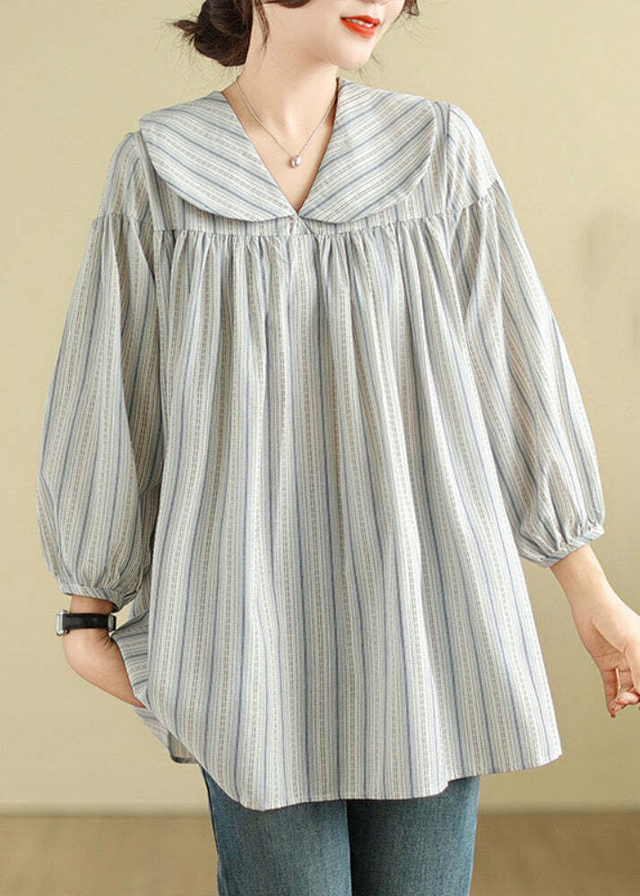 Y2K Grunge Striped Patchwork Peter Pan Collar Long Sleeve Top - Retro 90s Summer Fashion