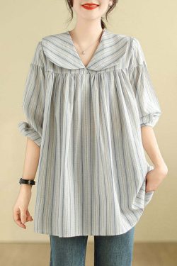 Y2K Grunge Striped Patchwork Peter Pan Collar Long Sleeve Top - Retro 90s Summer Fashion
