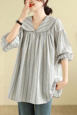 Y2K Grunge Striped Patchwork Peter Pan Collar Long Sleeve Top - Retro 90s Summer Fashion