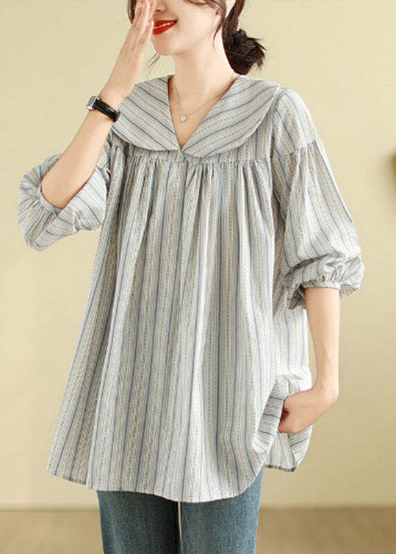 Y2K Grunge Striped Patchwork Peter Pan Collar Long Sleeve Top - Retro 90s Summer Fashion
