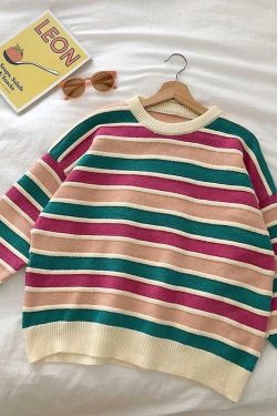 Y2K Grunge Striped Sweatshirt - Retro 90s Fashion, Summer Y2K Outfits, Pastel Goth Style